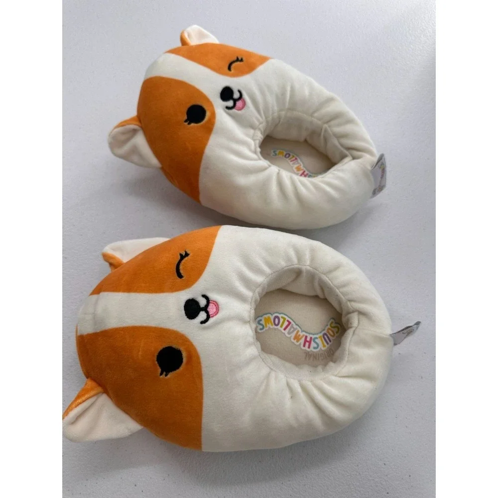 Squishmallows Corgi Slippers Size 2-3 Kids Plush Non-Slip Sole Orange White Shoe